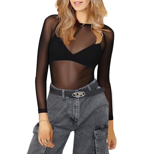 Uwiyo Womens Mesh Tops Sexy See Through Long Sleeves Shirt Stretchy Slim Fit Shirts Sheer Mesh Tops Blouse Tunic Clubwear Shirts (S, Black)