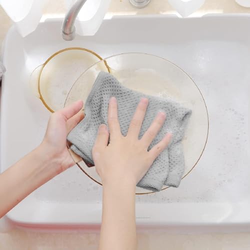 Image of Kitchen Cotton Lint Free Waffle Weave Hand Towels, Quick Drying Dish Cloths, Highly Absorbent Dish Rags Tea Towels Set with Hanging Loop, 13.4 inchx 13.4 inch, Light Grey, Pack of 6