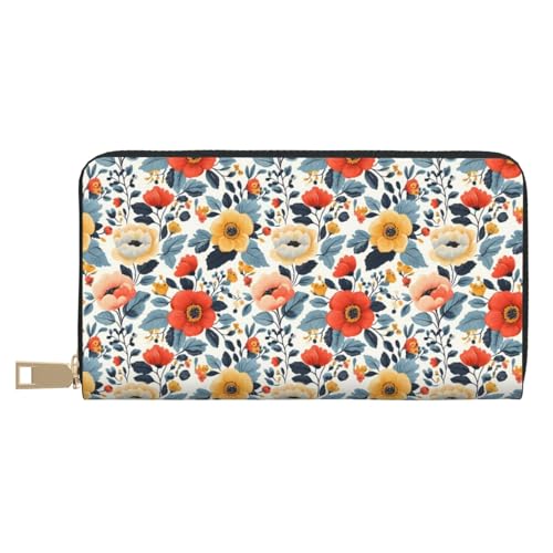 Leather Thin Slim Wallets for Women & Men - Colorful Art Flower Print Card Wallet Holder with Zipper