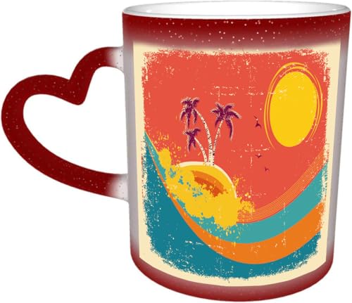 DOHXQM Taza Café cerámica, Taza de café con efecto térmico y cambio de color 330 ml Taza Mágica Regalo interesante,Tarjeta tropical vintage sobre textura de papel antiguo.