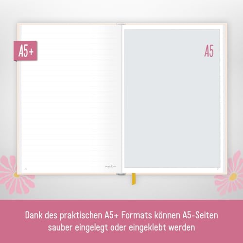 paper&you® Notizbuch A5+ liniert mit Gummiband \Pink Flowers\ 156 Seiten, 78 Blatt, 100 g/m² Premium-Papier - als Journal, Tagebuch, Notizheft - nachhaltig & klimafreundlich