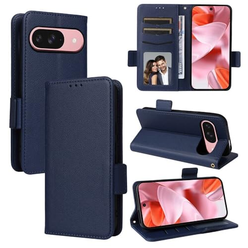 Housse en cuir Google Pixel 9 bleu foncé aux finitions minimalistes