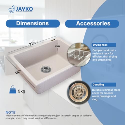 Image of JAYKO Quartz Acrylic Kitchen Sink for Modular Kitchen | Granite Finish, Scratch & Heat Resistant | Easy to Clean & Stylish Sink for Home (RA, 21x18in)
