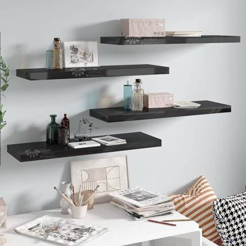 Image of Wooden Floating Wall Shelf| Wall Mount| Wall Rack| Wall Bracket for Home and Office Decor | Big Mounted Cabinets (XX-Large (24x8 inches), Set of 4, Black)