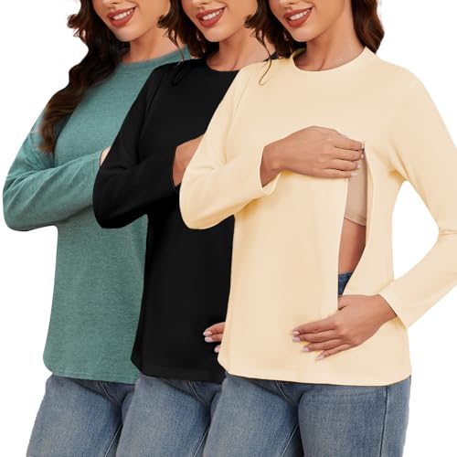 Love2Mi Pack de 3 camisetas de lactancia de manga larga para mujer con cremallera para maternidad para embarazadas, Negro + Verde Moteado + Amarillo, XL