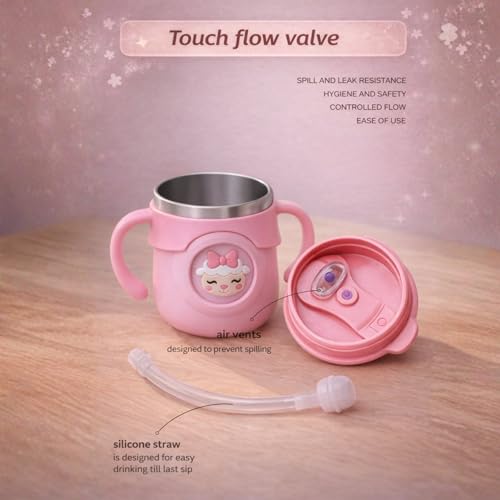 Image of THE LITTLE LOOKERS Stainless Steel Sipper Bottle 260ml | 316 Grade SS | BPA Free | Suitable for Hot & Cold | Travelling Bottle for Kids & Toddler | Training Sippy Cup with Straw /Spout (Pink)