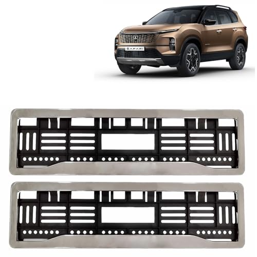 Image of KINGSWAY Safari Car Number Plate Frames Chrome for All 2023 Onwards Models of Tata Car Registration Plate Holders, Licence Plate Covers (Front and Rear), Universal Size 51.5 x 14.5 cm