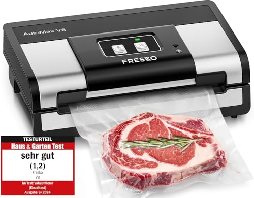 FRESKO Vakuumiergerät Automatik | Vakuumiergerät Testsieger (Note 1,2), 18L/min Turbo-Saugkraft, 1-Knopf-Bedienung, inkl. 2 Beutelrollen