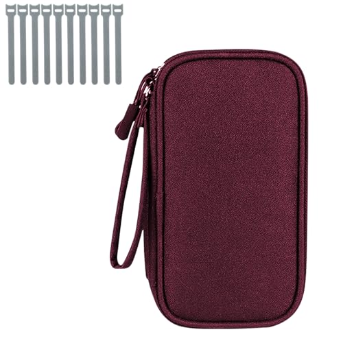 Classycoo Organiser Tasche Reise Elektronische Tasche mit 10 Pcs Drahtbinder - Doppelschicht Elektronik Zubehör Kabeltasche, Tragbare Tech Pouch for SD-Karte, Handy Ladekabel, Powerbank (Wein)