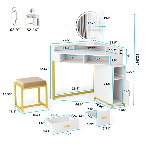 Pakasept Corner Vanity Set With Lighted Mirror, Makeup Dressing Table With Drawers, Cabinet And Cushioned Stool, Girls Vanity Desk For Bathroom, Bedroom (White) #TOP7