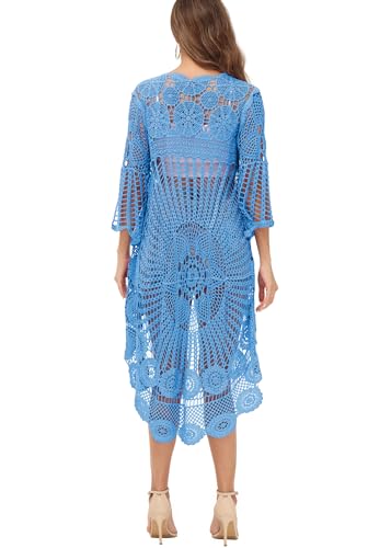 Image of Anna-Kaci Women's Crochet Long Vest Boho Short Sleeve Kimono Cardigan Swimwear Cover up