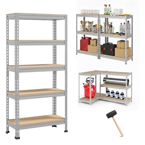 Image of Robustt 5-Tier Multipurpose Storage Rack | Bolt-Free Assembly | Metal Stand with Thick MDF Board | 175kg Capacity Per Shelf | 63 x 24 x 12 in Adjustable Shelf Rack for Home, Garage & Shop | Silver
