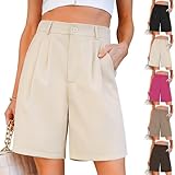 Women Shorts For Seniors High Waisted Wide Leg Bermuda Shorts Summer Casual Elastic Waist Dressy Tailored Pleated Short with Pockets Business Office Work Trouser Short Button Dress Pants Loose Slacks