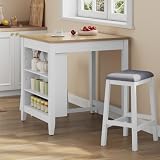 HOLTICO Bartisch Set 3-teilig für die Küche, 2 Hocker, 3 Ablagen, Stauraum