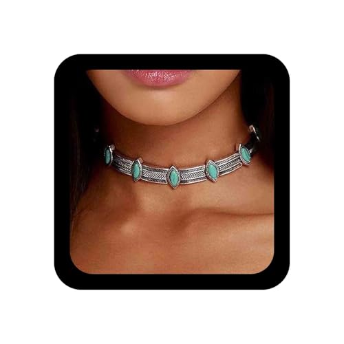 Allereya Vintage Türkis Choker Halskette - Blauer Stein, Silber Kurze Kette, Punk Klobig Kragen Schmuck für Frauen und Mädchen
