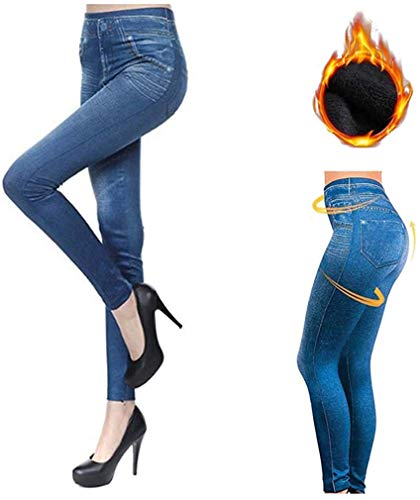 Aventy Thermal Fleece Lined Jeggings - Women's High Waist Thick Stretchy Denim Look Ripped Skinny Legging Pants