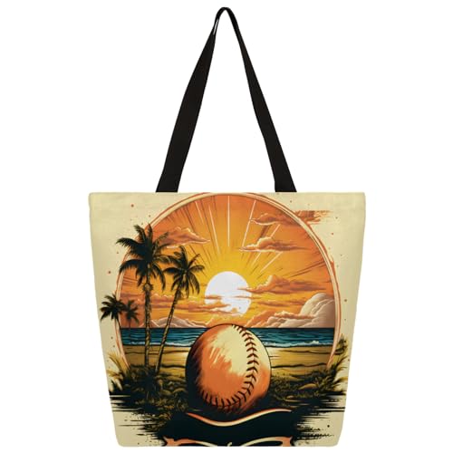 Mularoka Sunset Coconut Volleyball Large Capacity Canvas Tote Bag Stylish Handheld Shoulder Bag Reusable Shopping Bag for Work Travel Beach Trips Shopping