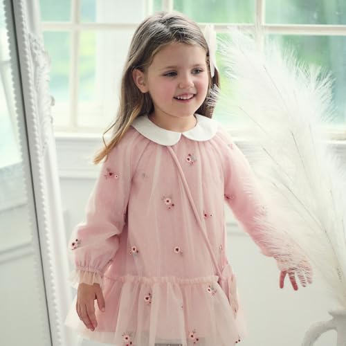 DAVE&BELLA Baby Girls Tulle Dress Long Sleeve Ruffed A-Line Princess Dress Flower Girl Embroidery Bowknot Wedding Party Dress2
