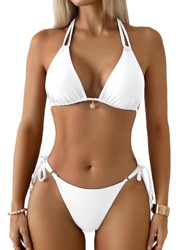 TASHEHE Womens Halter Bikini Set Sexy Triangle Two Piece Swimsuit Double String Bathing Suit - 619 - White - Medium