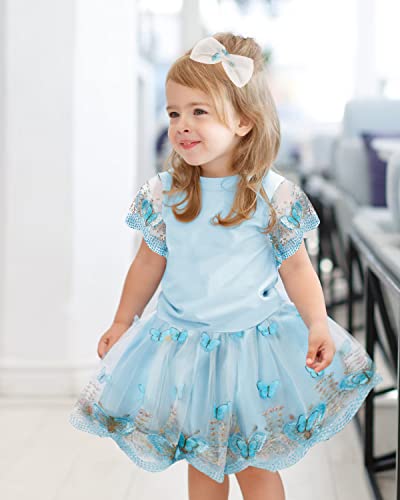 Viworld Toddler Baby Girl Skirt Set Ruffle Sleeve T-Shirt Tulle Skirt With Headband 3Pcs Tutu Dress Summer Party Outfits Set(Blue,3-4T) #TOP1