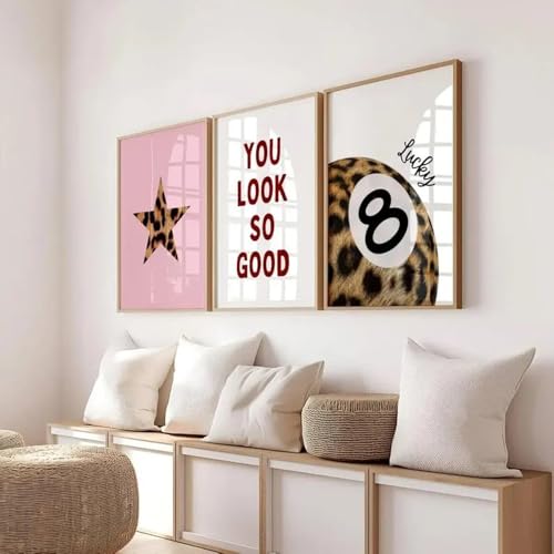 3 Tableau Decoration Murale Léopard Rose Affiche Murale Y2k Moderne Boule de Billard 8 Phrase Inspirante Poster Mural Pop Art Impression sur Toile Deco...