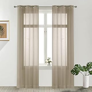 LAVANCE Net Curtains Eyelet Sheer Curtains 2 Panels 140 x 137cm Semi Transparent Volie Drapes for Bedroom Living Room Balcony Window Decorations, Taupe