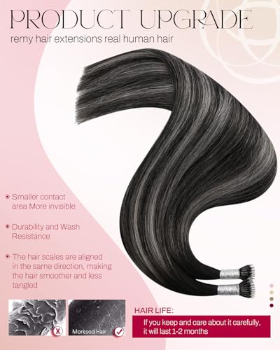 Image of Moresoo Nano Loop Hair Extensions, Black to Silver Balayage, 18 Inch | 50g 50 strands, long straight texture, individual nano loop placement for parties, evening looks and added length