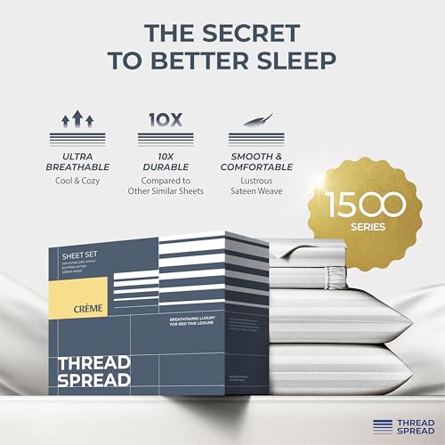 Image of THREAD SPREAD 100% Egyptian Cotton Damask Sheets Queen Size - Luxury 1500 Series Queen Sheet Set Egyptian Cotton (4 PC, White Stripe), Silky Soft, Sateen, Cooling & Breathable, 17 inch Deep Pocket Bed Set