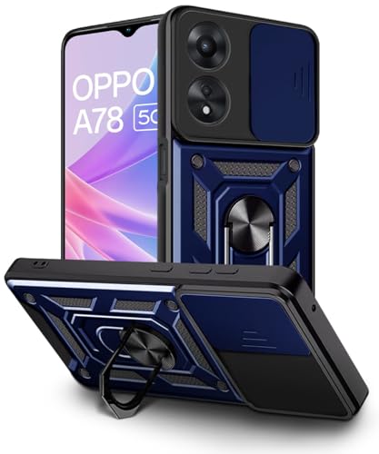 Image of WOW IMAGINE Tough Armor Bumper Mobile Back Case for Oppo A78 5G | Sliding Camera Shield Cover | Shock Proof 360 Protection | Hybrid PC + TPU | Ring Holder with Kickstand - Blue