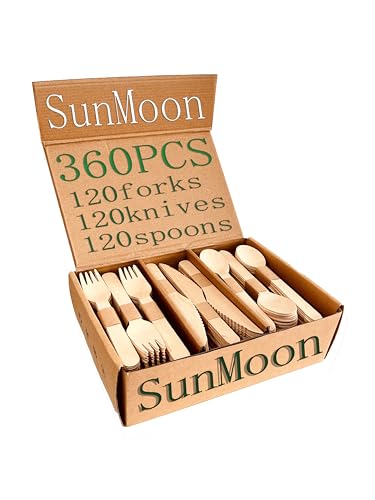 SunMoon Eco Friendly 360 Pack Disposable Wooden Cutlery 16cm Long Plastic Free PackagingSubstitute for Plastic and Bamboo Cutlery Compostable Biodegradable for Parties Camping Weddings