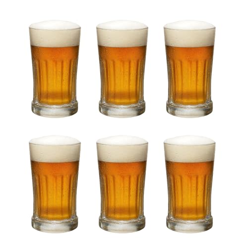 simpa Traditional Clear Chunky Glass Beer Stein 600ml – Set of 6 Heavyweight German-Style Beer Mugs with Vertical Line Detailing – Classic Pint Stein Glasses