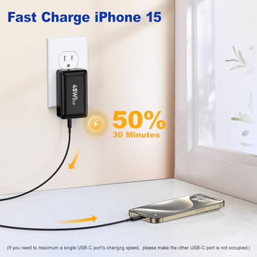 Image of USB C Charger Block, Excgood 40W Flat 4Port USB Wall Plug Dual PD QC Fast Charging Travel Power Adapter Multiport Compatible with iPhone 16 15 iPad Pro Galaxy S24 Ultra, with 6ft USB C to C Cable
