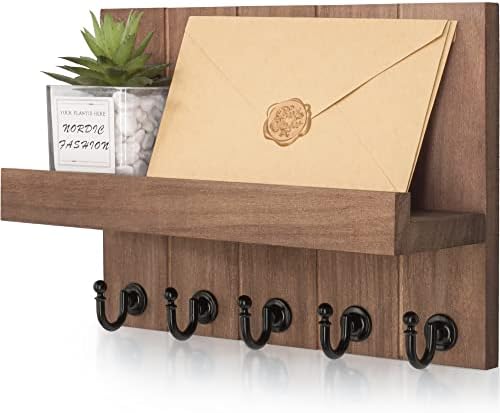 Rebee Vision Decorative Key Holder for Wall with Shelf - Farmhouse Key Hooks for Wall Shelf Organizer for Home Entryway Wall Decor - Stylish Key Racks, Retro Brown