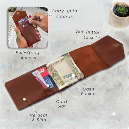 Image of Leatherful Flip - Top Grain Leather Vertical Slim Wallet for Men | Easy Quick Card Access | Compact Front Cash Pocket & Button Lock | Minimalist Travel & Daily Carry Wallet (Tan)