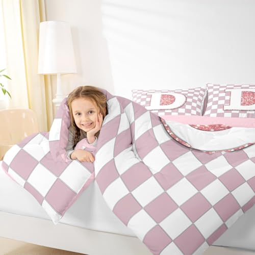 Image of Erosebridal Pink Initial D Kids Comforter Sets Kawaii Plaid Checkered King Bedding Set for Girls Teen Women Cute Personalized Monogram Comforter Set,Fashion Grids Gingham Quilt Duvet 3 Pcs
