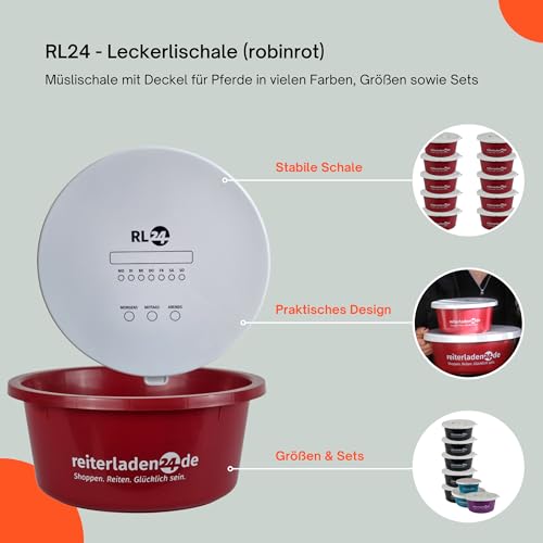 RL24 - Leckerlischale – Pferde Müslischale mit Deckel – Futterschale zur Aufbewahrung von Leckerli & Pferdefutter – Leckerli-Dose in Rubinrot – 5 Schalen á 2l (5er Set) – Pferdezubehör