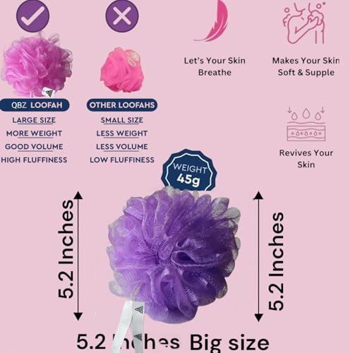 Image of QBZ Large Bath Loofah Sponge Scrubber Exfoliator for High Lather Cleansing (PURPLE, 1 Count (Loofah Pauch& Loofah))
