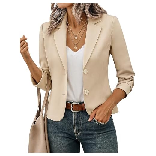 FOLUNSI Women's Business Casual Cropped Blazer Lapel Collar Long Sleeve Work Office Suit Jacket with Fully Lined Khaki, Large