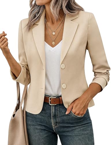 FOLUNSI Womens Business Casual Cropped Blazer Lapel Collar Long Sleeve Work Office Suit Jacket with Fully Lined Khaki Large