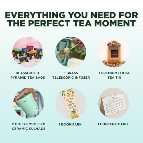 Image of CHAYAM Luxury Tea Gift Set | 10 Assorted Tea Bags, Magical Cinnamon Green Tea, 2 Premium Kulhad Cups & Brass Infuser | Gift Pack for Family and Friends | Anniversary, Wedding, Birthday & Festive Gift Box