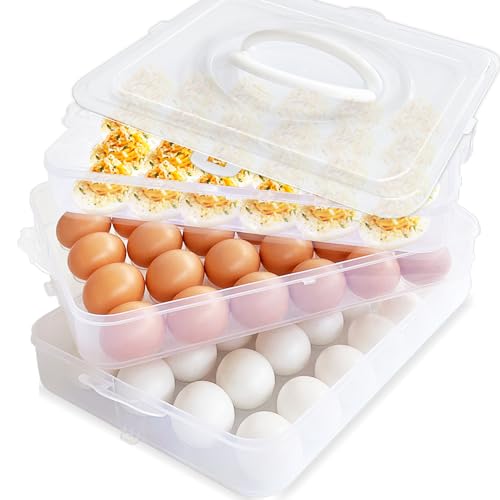 72 Deviled Eggs Holder with Handle,3-Layer Plastic Egg Containers with Lid,Stackable Egg Tray,Transparent Portable Egg Carrier Storage Box for Refrigerator Winter Easter