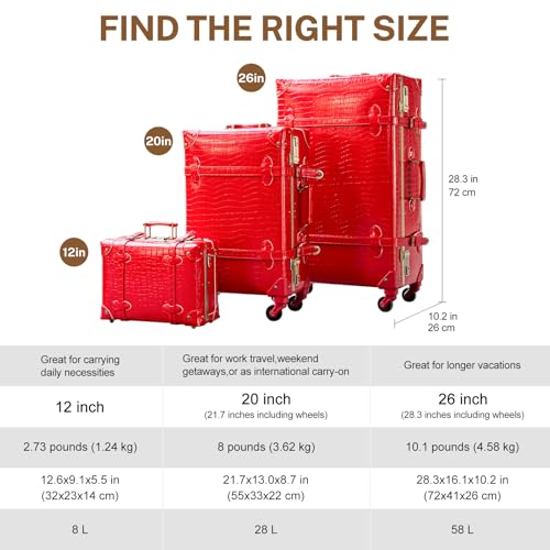 urecity Vintage Luggage Sets of 3 Piece - Hardside Lightweight Spinner Suitcases - Retro Travel Set includes Under Seat Train Case, 26"+20"+12" (Red Alligator) by urecity - Used condition - Image 4