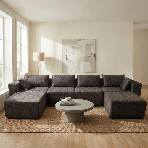 Oak and Birch 140" Wide 6-Seater Ergonomic Modular Couch for Living Room, Compressed Sectional No-Assembly Sofa - Suede-Finish Upholstery, Chaise & Bed-Style Layouts (4-Seater + 2-Ottoman), Charcoal