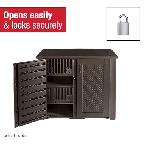 Image of Rubbermaid Decorative Outdoor Storage Cabinet (123 Gal), Weather Resistant, Brown, Organization for Home /Backyard /Pool Chemicals /Toys /Garden Tools /Porch /Patio Cushions