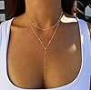 Foxgirl Dainty Long Gold Necklaces for Women, Trendy Lariat Y Necklace 14k Gold Plated Layered Beaded Drop Necklaces Simple Handmade Bar CZ Pendant Y-Shaped Chain Jewelry Gift Wedding #3