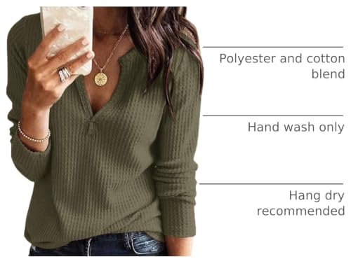Image of Farktop Womens Long Sleeve Tops Henley V Neck Lightweight Pullover Sweaters | Casual, Loose Fit, Fall, Winter, Warm, Waffle Knit Shirts