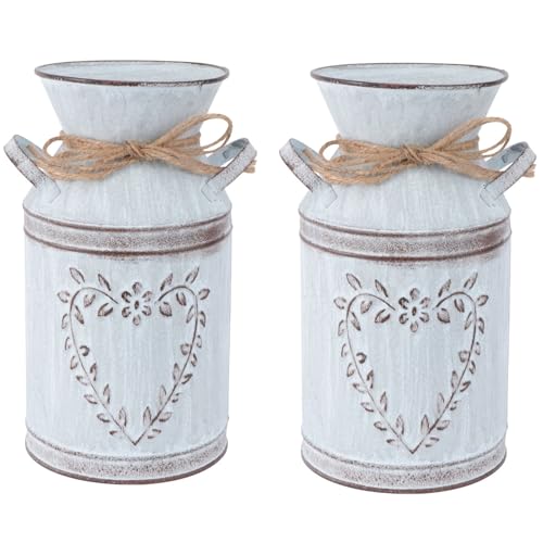 2Pcs Flower Vases, Shabby Chic Home Accessories, Galvanized Metal Milk Can, Farmhouse Bucket Planter with Love-Shaped for Floral Arrangements,Table Centerpiece - 7.6''H