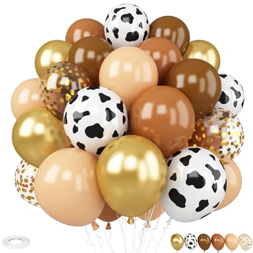 Image of Western Cowboy Balloons, 30Pcs 12inch Brown Nude Gold Confetti Balloon With Cow Print Latex Sky Cloud Balloons for Farmhouse Cowboy Western Baby Shower Boys Girls Birthday Party Decorations