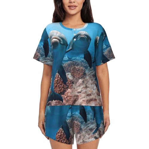 Ensemble de pyjama 2 pièces manches courtes femme vêtement de nuit ample imprimé dauphin