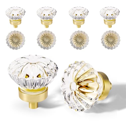 Brushed Gold Crystal Cabinet Knobs Cabinets Knob, 8 Pack Flower Vintage Glass Clear Crystal Small Pull For Closet Dresser Drawers Cupboard Wardrobe, Solid Alloy Retro Pulls Old Fashioned Drawer Handle by CEYMIO - Used condition - US$23.93